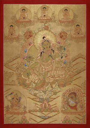 Full 24K Gold Style Green Tara | Original Hand-Painted Tibetan Bodhisattva Thangka